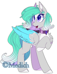 Size: 1778x2313 | Tagged: safe, artist:mediasmile666, imported from derpibooru, oc, oc only, pegasus, pony, collar, colored hooves, female, folded wings, mare, open mouth, pale belly, raised hoof, simple background, smiling, solo, standing, transparent background, two toned wings, white belly, wings