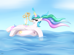 Size: 2251x1684 | Tagged: safe, artist:thebenalpha, imported from derpibooru, princess celestia, alicorn, pony, alternate hairstyle, crazy straw, drinking, drinking straw, female, floating, glasses, glowing horn, horn, inflatable toy, inner tube, mare, ponytail, sunglasses, vacation, water