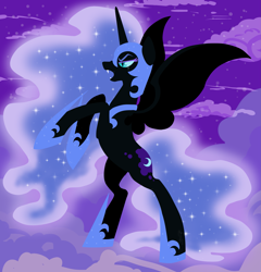 Size: 2401x2497 | Tagged: safe, artist:hellishnya, imported from derpibooru, nightmare moon, alicorn, pony, armor, cloud, ethereal mane, fangs, female, high res, lineless, mare, night, open mouth, rearing, sky, solo, starry mane