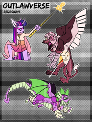 Size: 2625x3500 | Tagged: safe, artist:spudsmcfrenzy, imported from derpibooru, spike, twilight sparkle, anthro, dragon, griffon, bandage, clothes, high res, magic, winged spike, wings