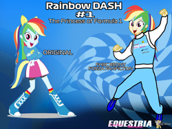 Size: 2160x1620 | Tagged: safe, artist:forzaveteranenigma, imported from derpibooru, rainbow dash, human, fanfic:equestria motorsports, equestria girls, comparison, ear piercing, earring, human coloration, humanized, in the air, jewelry, jumping, looking at you, piercing, racing suit, watermark