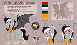 Size: 5000x2967 | Tagged: source needed, safe, artist:lonerdemiurge_nail, imported from derpibooru, oc, oc only, oc:stormdancer, bat pony, pony, vampire, vampony, bandana, bat pony oc, bat wings, cheek fluff, colored pupils, dark form tier 2, ear fluff, eye clipping through hair, eyebrows, eyebrows visible through hair, fangs, forked tongue, glowing eyes, gothic, grin, high res, licking, licking lips, looking at you, male, neckerchief, normal tongue, raised hoof, reference sheet, smiling, smirk, solo, spread wings, stallion, tongue out, wing ring, wings