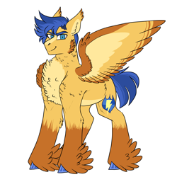 Size: 3000x3000 | Tagged: safe, artist:gingygin, imported from derpibooru, flash sentry, pony, alternate design, blaze (coat marking), chest fluff, coat markings, colored wings, facial markings, feathered fetlocks, high res, looking at you, multicolored wings, pale belly, simple background, solo, white background, wings
