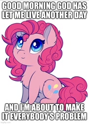 Size: 500x690 | Tagged: safe, artist:evehly, edit, editor:super trampoline, imported from derpibooru, pinkie pie, pony, caption, chest fluff, chibi, dissonant caption, god, image macro, meme, simple background, solo, text, threat, white background
