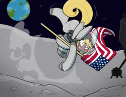 Size: 3300x2550 | Tagged: safe, artist:bbsartboutique, imported from derpibooru, oc, oc:night striker, american flag, clumsy, fail, high res, moon, moon landing, not derpy, space, spacesuit