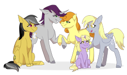 Size: 2300x1360 | Tagged: safe, artist:primrosepaper, imported from derpibooru, carrot top, daring do, derpy hooves, dinky hooves, golden harvest, written script, earth pony, pegasus, pony, unicorn, adopted offspring, female, headcanon in the description, holding hooves, male, siblings, simple background, sitting, story included, straight, transparent background