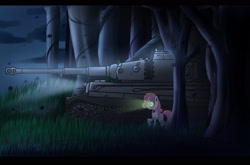 Size: 1920x1264 | Tagged: safe, artist:opal_radiance, imported from derpibooru, sweetie belle, robot, unicorn, forest, glowing eyes, grass, night, outdoors, sweetie bot, tank (vehicle), tiger (tank), tiger h1, tiger i