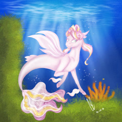 Size: 400x400 | Tagged: safe, artist:darkart5382, imported from derpibooru, oc, oc only, seapony (g4), bubble, coral, crepuscular rays, fin wings, fins, fish tail, ocean, seaweed, signature, smiling, solo, sunlight, swimming, tail, underwater, water, wings