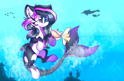 Size: 1280x833 | Tagged: safe, artist:luchiaxd, imported from derpibooru, oc, oc only, fish, merpony, bubble, cute, dorsal fin, ear fluff, fish tail, flowing mane, flowing tail, ocean, smiling, solo, sunlight, swimming, tail, underwater