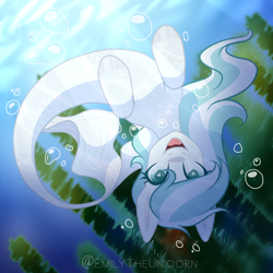 Size: 1536x1536 | Tagged: safe, artist:x-emilytheunicorn-x, imported from derpibooru, oc, oc only, seapony (g4), bubble, crepuscular rays, digital art, female, fish tail, flowing mane, flowing tail, ocean, open mouth, seaweed, smiling, solo, sunlight, swimming, tail, underwater, water