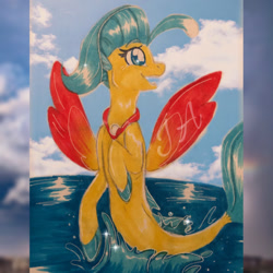 Size: 750x750 | Tagged: safe, artist:jdash15, imported from derpibooru, princess skystar, seapony (g4), my little pony: the movie, cloud, dorsal fin, female, fin wings, fins, fish tail, jewelry, necklace, ocean, pearl necklace, red wings, sky, smiling, solo, sparkles, tail, water, wings