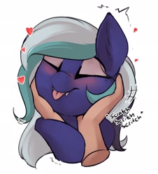 Size: 1855x2048 | Tagged: source needed, safe, alternate version, artist:beardie, imported from derpibooru, oc, oc:ivory mint, bat pony, alternate character, beardies scritching ponies, blushing, commission, cute, disembodied hand, eyes closed, hand, happy, heart, petting, tongue out, ych result