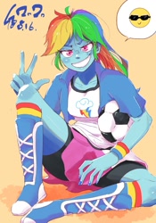 Size: 700x1000 | Tagged: safe, artist:sozglitch, imported from derpibooru, rainbow dash, human, equestria girls, boots, clothes, compression shorts, cutie mark, cutie mark on clothes, emoji, football, grin, humanized, jacket, nail polish, peace sign, rainbow socks, shoes, shorts, shorts under skirt, simple background, skirt, smiling, socks, solo, sports, striped socks, wristband, yellow background