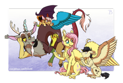 Size: 1822x1231 | Tagged: safe, artist:inuhoshi-to-darkpen, imported from derpibooru, discord, fluttershy, oc, oc:gusty, oc:serenity, draconequus, pegasus, chest fluff, draconequus oc, ear fluff, meeting, open mouth, parent:daring do, parent:discord, parent:fluttershy, pegasus oc, wing fluff, wings