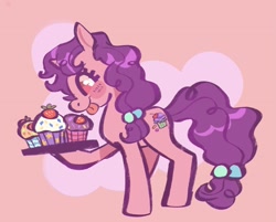 Size: 1981x1596 | Tagged: safe, artist:kindofmax, imported from derpibooru, sugar belle, pony, unicorn, cupcake, februpony, female, food, mare, pink background, simple background, solo, tongue out