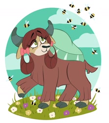 Size: 1657x1855 | Tagged: safe, artist:crypticcervine, imported from derpibooru, yona, bee, insect, yak, bow, cloven hooves, cute, female, flower, hair bow, monkey swings, smiling, solo, this will end in pain, yonadorable