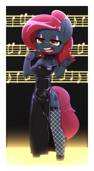 Size: 2000x3625 | Tagged: safe, artist:afkregen, imported from derpibooru, oc, oc only, oc:jessi-ka, anthro, earth pony, unguligrade anthro, bare shoulders, bedroom eyes, breasts, clothes, digital art, dress, female, fishnets, high res, lidded eyes, microphone, open mouth, side slit, singing, solo, solo female, tail, thighs, wide hips