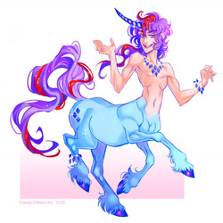 Size: 1280x1279 | Tagged: safe, artist:connychiwa, imported from derpibooru, amethyst star, sparkler, sparkler (g1), centaur, unicorn, centaurified, clothes, male, partial nudity, rule 63, solo, species swap, topless