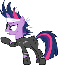 Size: 3000x3349 | Tagged: safe, artist:cloudy glow, artist:cloudyglow, imported from derpibooru, twilight sparkle, pony, unicorn, it's about time, angry, eyepatch, female, full body, future twilight, high res, horn, mare, multicolored mane, multicolored tail, open mouth, pointing, purple eyes, simple background, solo, standing, tail, transparent background, unicorn twilight, vector