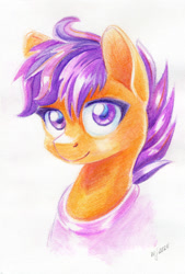 Size: 700x1034 | Tagged: safe, artist:maytee, imported from derpibooru, scootaloo, pegasus, pony, bust, clothes, colored pencil drawing, cute, cutealoo, looking at you, portrait, smiling, solo, traditional art