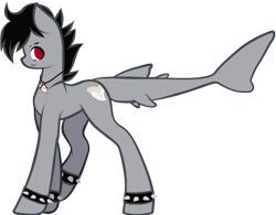 Size: 808x631 | Tagged: safe, artist:scarlet rose, imported from derpibooru, oc, oc only, oc:kauika, original species, pony, shark, shark pony, base artist:mary-maru, base used, cute, cutie mark, female, half-breed, implied heterochromia, my little pony, punk, red eye, shark tooth, shark tooth necklace, side view, smiling, solo, spiked wristband, wristband