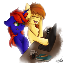 Size: 1011x997 | Tagged: safe, artist:yuris, imported from derpibooru, oc, oc only, oc:helga, oc:yuris, pegasus, pony, unicorn, blue body, computer, cup, disgusted, family, floppy ears, food, green eyes, horn, laptop computer, notebook, pegasus oc, pencil, red mane, smiling, table, tea, unicorn oc