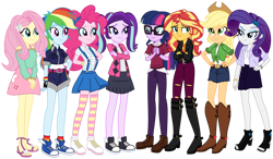 Size: 1024x596 | Tagged: safe, artist:bidzinha, artist:emeraldblast63, imported from derpibooru, applejack, fluttershy, pinkie pie, rainbow dash, rarity, sci-twi, starlight glimmer, sunset shimmer, twilight sparkle, equestria girls, boob window, cleavage window, clothes, college, converse, denim shorts, hand on hip, humane five, humane seven, humane six, mane eight, microskirt, miniskirt, older, older humane five, older humane seven, older humane six, pants, sandals, shoes, shorts, shoulderless, simple background, skirt, sneakers, socks, stockings, striped socks, suspenders, sweater, thigh highs, thigh socks, toes, transparent background, university