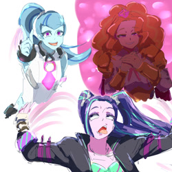 Size: 1024x1024 | Tagged: safe, artist:misochikin, imported from derpibooru, adagio dazzle, aria blaze, sonata dusk, equestria girls, crossover, finger gun, mihono bourbon, open mouth, open smile, smiling, smirk, t m opera o, tongue out, uma musume pretty derby