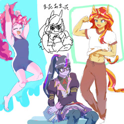 Size: 1024x1024 | Tagged: safe, artist:misochikin, imported from derpibooru, applejack, pinkie pie, sci-twi, sunset shimmer, twilight sparkle, equestria girls, biwa hayahide, crossed arms, crossover, eared humanization, eyes closed, flexing, horn, horned humanization, open mouth, ponytail, sunglasses, tailed humanization, uma musume pretty derby