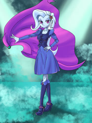 Size: 1280x1707 | Tagged: safe, artist:xjleiu, imported from derpibooru, trixie, equestria girls, ankle boots, cape, clothes, dress, female, hairpin, hand on hip, solo, trixie's cape