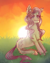 Size: 732x915 | Tagged: safe, artist:venera___o, imported from derpibooru, fluttershy, pegasus, pony, female, flower, flower in hair, fluffy, grass, mare, outdoors, sitting, smiling, solo, sunset, wingless