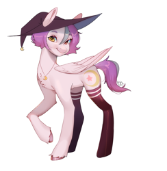 Size: 3484x3576 | Tagged: safe, artist:emily-826, imported from derpibooru, oc, oc only, oc:shylu, pegasus, pony, clothes, female, hat, high res, mare, simple background, socks, solo, white background, witch hat