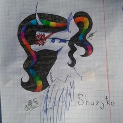 Size: 768x768 | Tagged: safe, artist:shards_of_black_glass, imported from derpibooru, oc, oc only, alicorn, pony, alicorn oc, bust, eyelashes, female, graph paper, hanahaki disease, horn, mare, multicolored hair, rainbow hair, signature, traditional art, wings