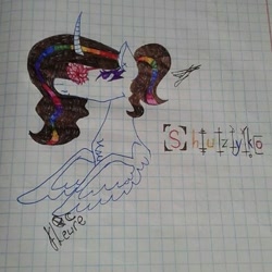 Size: 474x474 | Tagged: safe, artist:shards_of_black_glass, imported from derpibooru, oc, oc only, alicorn, pony, alicorn oc, bust, eyelashes, female, graph paper, hanahaki disease, horn, mare, multicolored hair, rainbow hair, signature, traditional art, wings