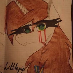 Size: 1080x1080 | Tagged: safe, artist:shards_of_black_glass, imported from derpibooru, oc, oc only, oc:littlepip, pony, unicorn, fallout equestria, fallout equestria: project horizons, blood, bust, clothes, crying, eyelashes, fanfic art, female, graph paper, horn, mare, smiling, solo, tears of blood, traditional art