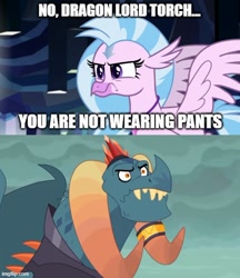 Size: 500x579 | Tagged: safe, edit, edited screencap, imported from derpibooru, screencap, dragon lord torch, silverstream, classical hippogriff, dragon, hippogriff, gauntlet of fire, what lies beneath, aang, avatar silverstream, avatar the last airbender, caption, comic, image macro, imgflip, meme, ozai, screencap comic, text, we don't normally wear clothes