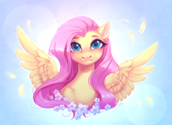 Size: 1920x1401 | Tagged: safe, alternate version, artist:spark_rarestar, artist:sparkling_light, imported from derpibooru, fluttershy, pegasus, pony, :3, blue background, blushing, bust, chest fluff, cute, daaaaaaaaaaaw, feather, female, flower, grin, lip bite, looking at you, mare, portrait, shyabetes, simple background, smiling, solo, spread wings, wings