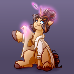 Size: 4000x4000 | Tagged: safe, artist:witchtaunter, imported from derpibooru, oc, oc only, pony, unicorn, chef, chest fluff, commission, ear fluff, female, getting dressed, gradient background, hairpin, levitation, magic, sitting, solo, telekinesis, tired