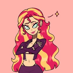 Size: 1080x1080 | Tagged: safe, artist:theapplequeenmaniac2, imported from derpibooru, sunset shimmer, human, bust, clothes, crossed arms, ear piercing, earring, eyelashes, female, fingerless gloves, gloves, humanized, jacket, jewelry, lipstick, piercing, pink background, simple background, smiling, solo