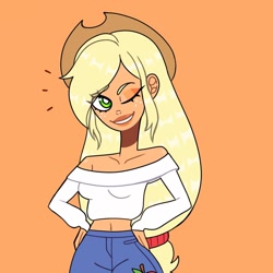 Size: 1080x1080 | Tagged: safe, artist:theapplequeenmaniac2, imported from derpibooru, applejack, human, clothes, eyelashes, female, freckles, grin, hand on hip, hat, humanized, one eye closed, shorts, simple background, smiling, solo, wink