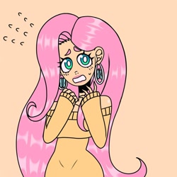 Size: 1080x1080 | Tagged: safe, artist:theapplequeenmaniac2, imported from derpibooru, fluttershy, human, breasts, busty fluttershy, clothes, cute, ear piercing, earring, eyelashes, female, humanized, jewelry, orange background, piercing, shyabetes, simple background, solo, surprised