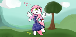 Size: 1179x577 | Tagged: safe, artist:inky scroll, imported from derpibooru, oc, oc only, oc:sugar morning, pegasus, semi-anthro, clothes, cloud, cute, dialogue, dress, solo, tree
