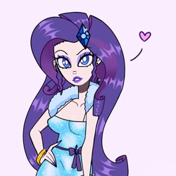 Size: 1080x1080 | Tagged: safe, artist:theapplequeenmaniac2, imported from derpibooru, rarity, human, bracelet, clothes, ear piercing, eyelashes, female, hand on hip, heart, humanized, jewelry, lipstick, makeup, nail polish, piercing, simple background, smiling, solo