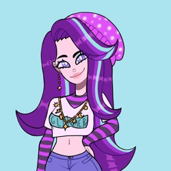 Size: 1080x1080 | Tagged: safe, artist:theapplequeenmaniac2, imported from derpibooru, starlight glimmer, human, arm warmers, beanie, blue background, clothes, ear piercing, eyelashes, female, hand on hip, hat, humanized, jewelry, necklace, pants, piercing, simple background, smiling, solo