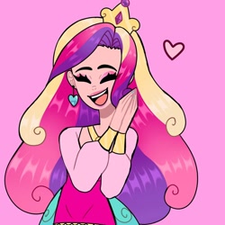 Size: 1080x1080 | Tagged: safe, artist:theapplequeenmaniac2, imported from derpibooru, princess cadance, human, :d, bracelet, clothes, ear piercing, eyelashes, eyes closed, female, heart, humanized, jewelry, piercing, pink background, simple background, smiling, solo