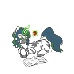 Size: 1500x1500 | Tagged: safe, artist:darnelg, imported from derpibooru, oc, oc only, oc:forest glade, hybrid, pony, zebra, zebracorn, zony, book, colored sketch, female, food, lying down, magic, mare, prone, quadrupedal, reading, simple background, solo, strawberry, white background, zoomorphic