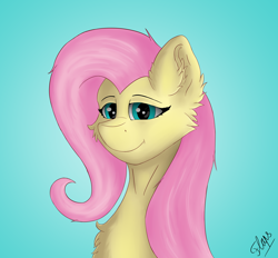 Size: 3184x2952 | Tagged: safe, artist:flapstune, imported from derpibooru, fluttershy, pegasus, pony, blue background, bust, cheek fluff, chest fluff, ear fluff, female, fluffy, high res, looking at you, mare, signature, simple background, smiling, solo