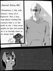 Size: 1200x1600 | Tagged: safe, artist:owlnon, imported from derpibooru, oc, oc:anon, oc:miss eri, human, pony, comic:drowning lessons, monochrome