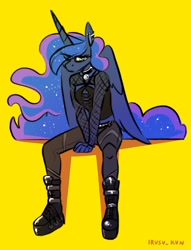 Size: 1567x2048 | Tagged: safe, artist:lrusu, imported from derpibooru, princess luna, alicorn, anthro, boots, choker, ear piercing, female, fishnets, goth, industrial piercing, looking at you, mare, piercing, platform boots, platform shoes, punk, punk luna, shoes, simple background, sitting, solo, yellow background