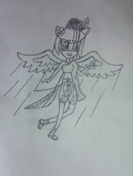 Size: 972x1296 | Tagged: safe, artist:mudmee-thai, imported from derpibooru, oc, oc only, equestria girls, clothes, equestria girls-ified, female, grin, lineart, ponied up, smiling, solo, spread wings, traditional art, wings